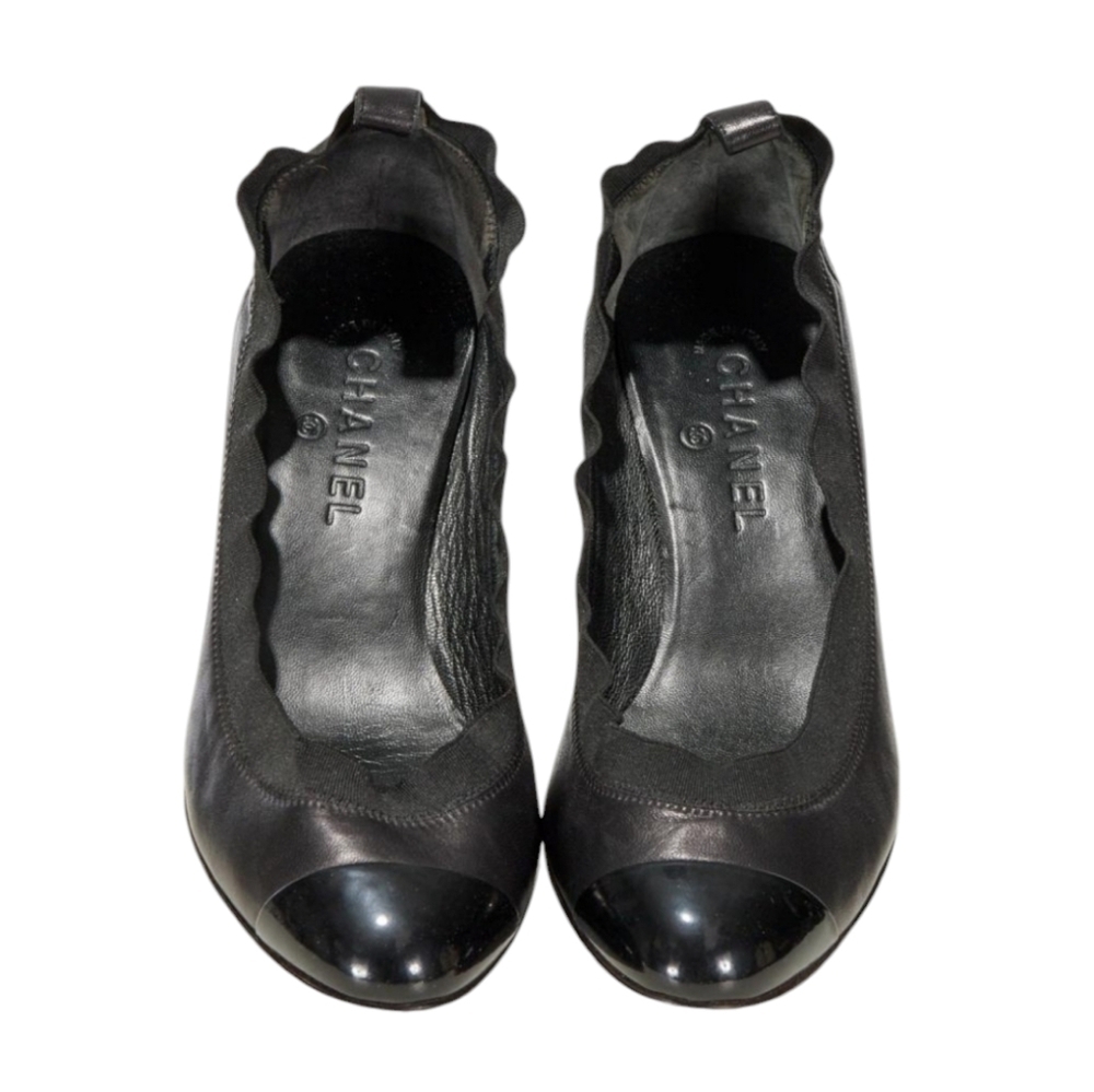 Chanel Stretch Spirit Black Leather Cap Toe Block Heel Pumps 40.5